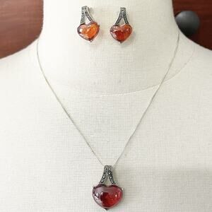 Sally SX .925 Sterling Silver Heart Garnet Glass Marcasite Earrings Pendant Set